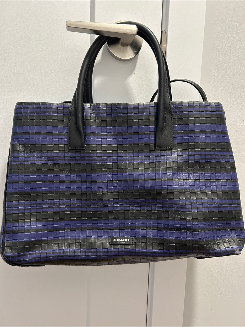Coach Bleeker  Black & Blue Woven Leather Tote